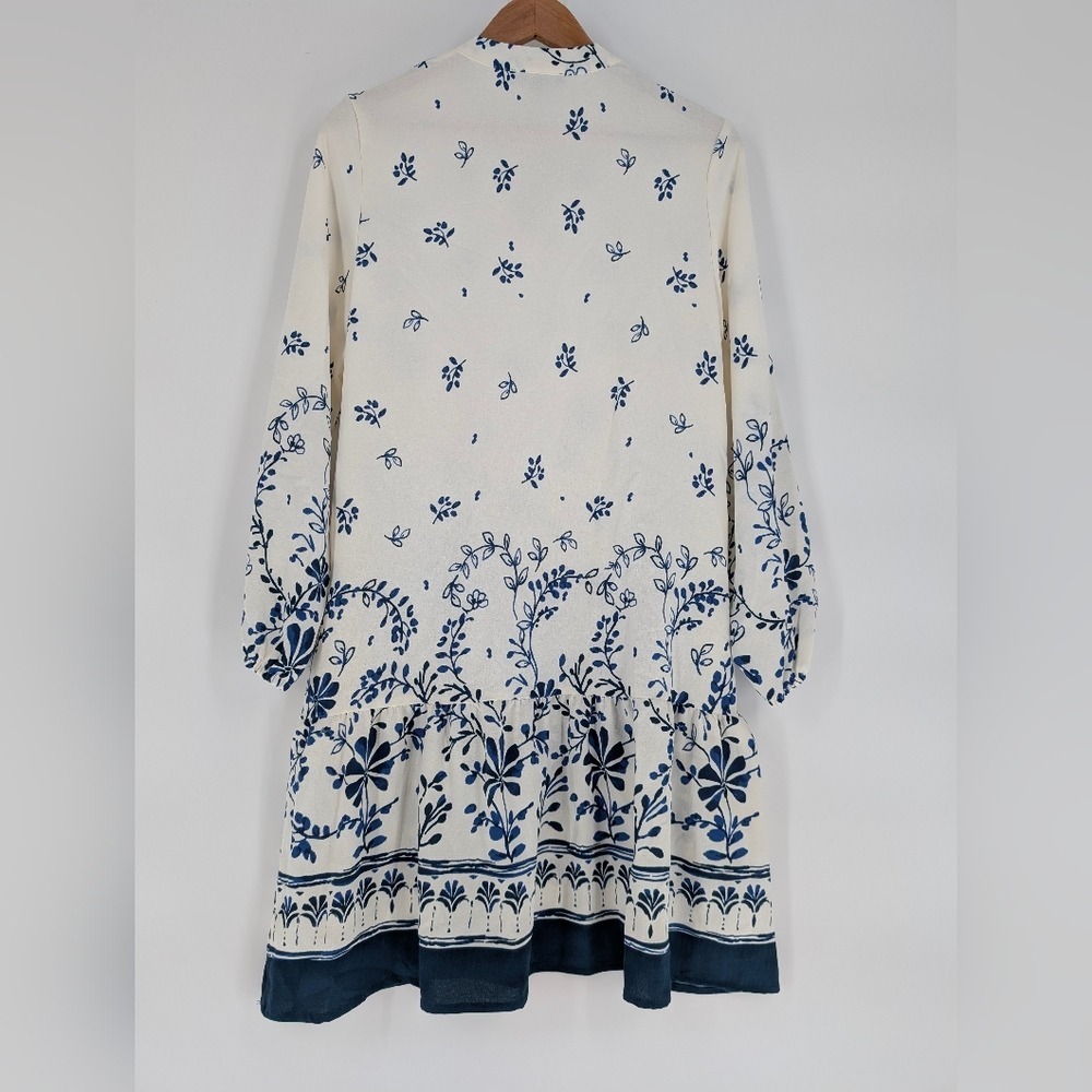 Rachel Zoe Blue White Floral Tie Neck Long Sleeve Tiered Mini Dress Small - Picture 10 of 11